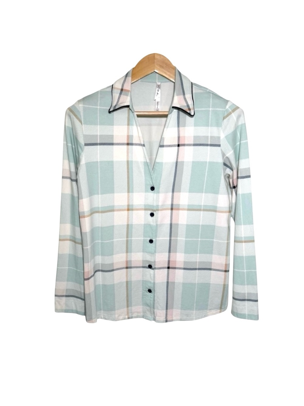 Soma Cotton Pajama Loungewear Long-Sleeve Notch Collar Green Plaid M